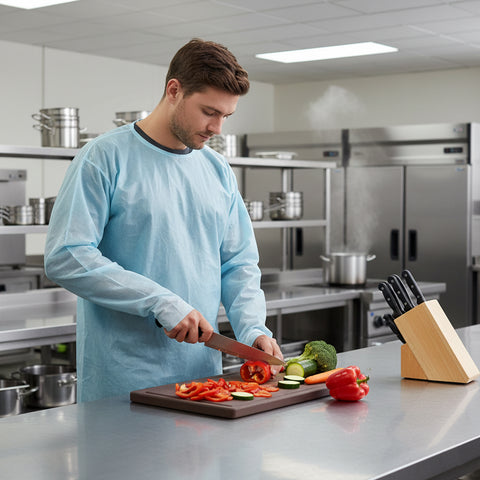 10-Pack Kitchen Disposable Protective Gowns – Water & Fire-Resistant PE with Back Ties and Thumb Loops (One Size)