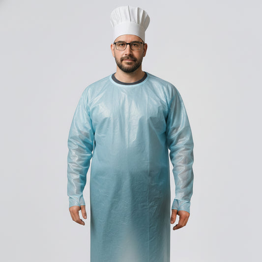 10-Pack Kitchen Disposable Protective Gowns – Water & Fire-Resistant PE with Back Ties and Thumb Loops (One Size)