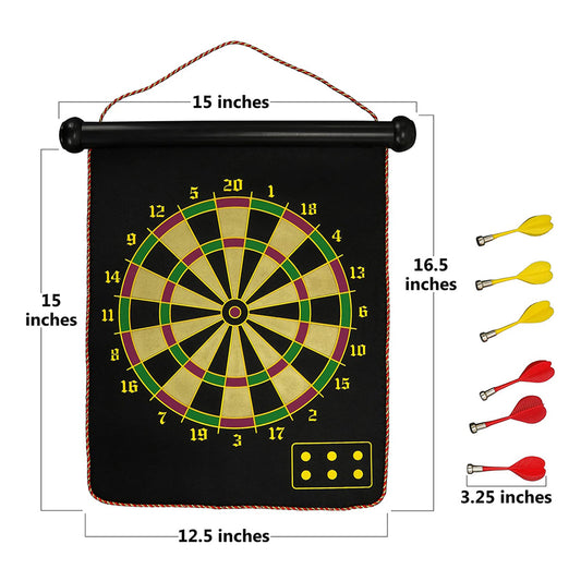 Double-Sided Magnetic Roll-Up Dart Board & Bullseye Game 2-in-1 Indoor Family Target Game with 6 Magnetic Darts