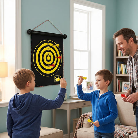 Double-Sided Magnetic Roll-Up Dart Board & Bullseye Game 2-in-1 Indoor Family Target Game with 6 Magnetic Darts