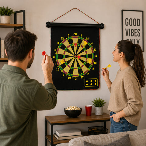 Double-Sided Magnetic Roll-Up Dart Board & Bullseye Game 2-in-1 Indoor Family Target Game with 6 Magnetic Darts