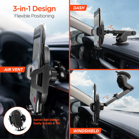 3-in-1 Phone Mount Kit | Vent + Dashboard + Windshield | Black Universal Hands-Free Car Phone Mount with Multiple Mounting Options