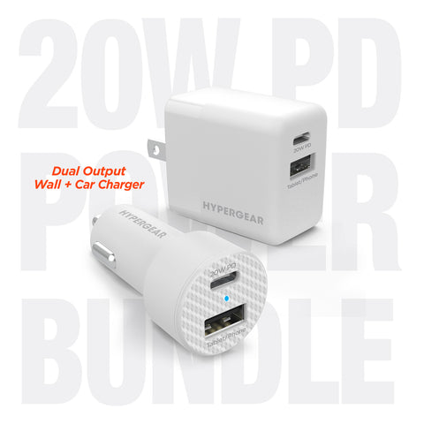 USB-C Power Delivery Charging Bundle – 20W USB-C PD Wall Charger & Fast Car Charger Set | White