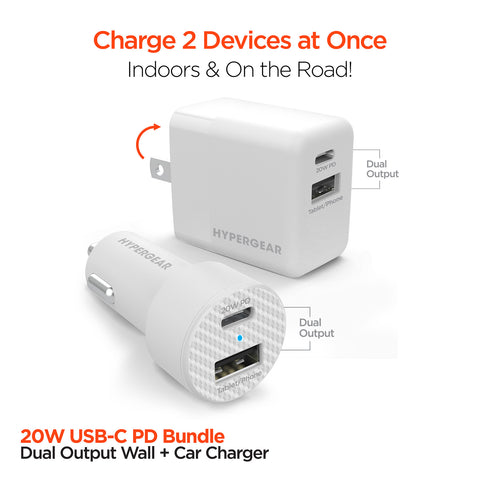 USB-C Power Delivery Charging Bundle – 20W USB-C PD Wall Charger & Fast Car Charger Set | White