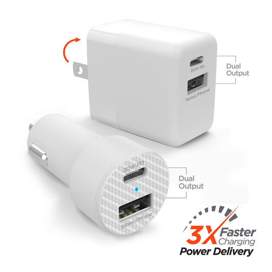 USB-C Power Delivery Charging Bundle – 20W USB-C PD Wall Charger & Fast Car Charger Set | White