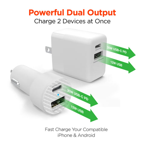 USB-C Power Delivery Charging Bundle – 20W USB-C PD Wall Charger & Fast Car Charger Set | White