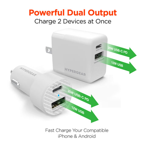 USB-C Power Delivery Charging Bundle – 20W USB-C PD Wall Charger & Fast Car Charger Set | White