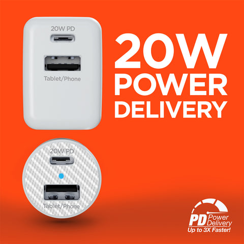 USB-C Power Delivery Charging Bundle – 20W USB-C PD Wall Charger & Fast Car Charger Set | White