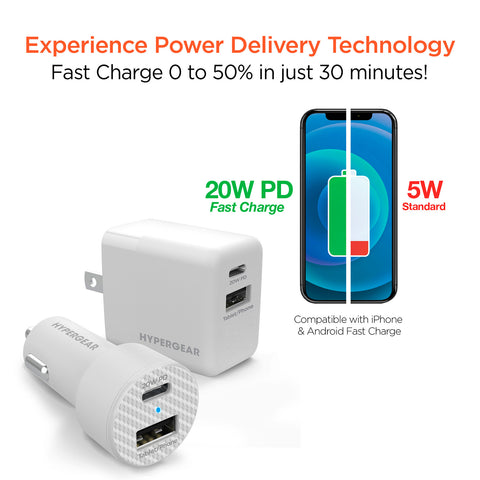 USB-C Power Delivery Charging Bundle – 20W USB-C PD Wall Charger & Fast Car Charger Set | White