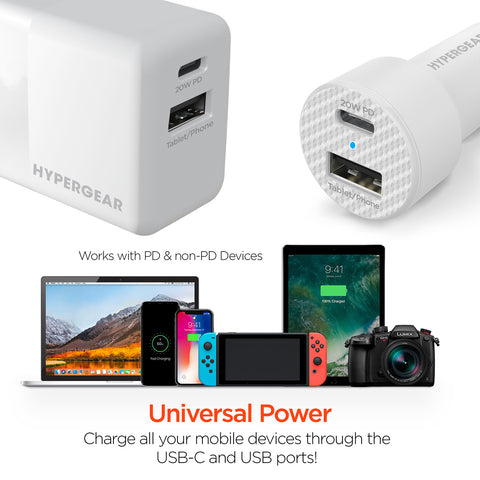 USB-C Power Delivery Charging Bundle – 20W USB-C PD Wall Charger & Fast Car Charger Set | White
