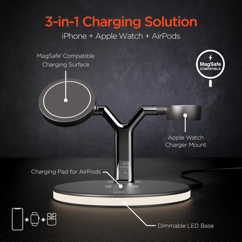 3-in-1 Magnetic Wireless Charging Stand | Black All-in-One Charging Solution for Apple Devices