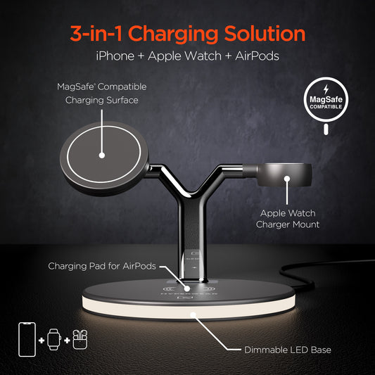 MaxCharge 3-in-1 Magnetic Wireless Charging Stand | Black All-in-One Charging Solution for Apple Devices