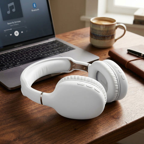 VIBE Wireless Over-Ear Headphones – Bluetooth Headphones with HD Stereo Sound, Deep Bass & Memory Foam Ear Cushions | White