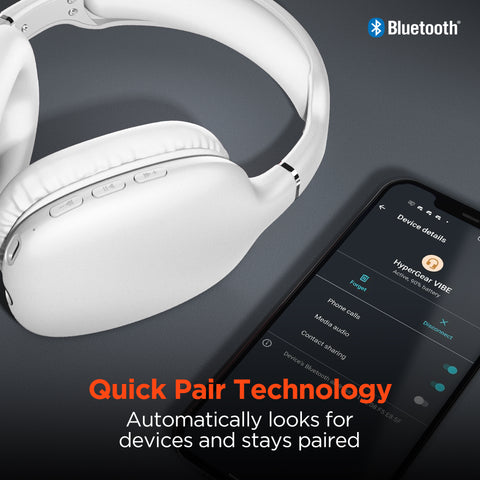 VIBE Wireless Over-Ear Headphones – Bluetooth Headphones with HD Stereo Sound, Deep Bass & Memory Foam Ear Cushions | White
