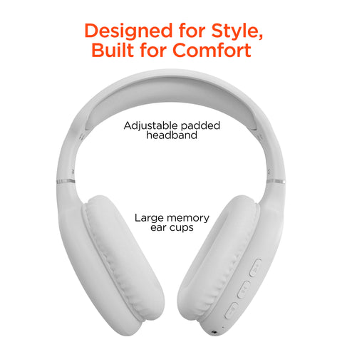 Wireless Over-Ear Headphones – Bluetooth Headphones with HD Stereo Sound, Deep Bass & Memory Foam Ear Cushions | White