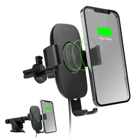 15W Wireless Fast Charging Phone Mount – Vent, Dashboard & Windshield Car Mount | Black