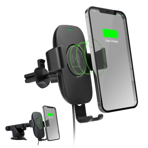 15W Wireless Fast Charging Phone Mount – Vent, Dashboard & Windshield Car Mount | Black