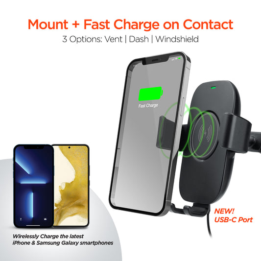 15W Wireless Fast Charging Phone Mount – Vent, Dashboard & Windshield Car Mount | Black