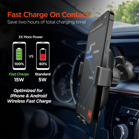 15W Wireless Fast Charging Phone Mount – Vent, Dashboard & Windshield Car Mount | Black