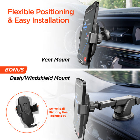 15W Wireless Fast Charging Phone Mount – Vent, Dashboard & Windshield Car Mount | Black