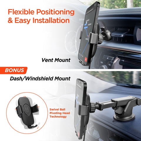 15W Wireless Fast Charging Phone Mount – Vent, Dashboard & Windshield Car Mount | Black