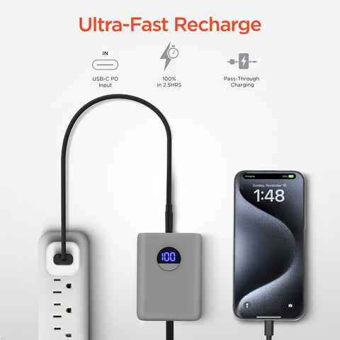 10,000mAh Fast Charge Power Bank – 20W USB-C PD PPS Portable Charger with Digital Display | Gray