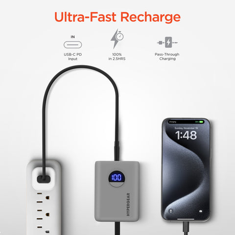 Power Pack Pro 10,000mAh Fast Charge Power Bank – 20W USB-C PD PPS Portable Charger with Digital Display | Gray