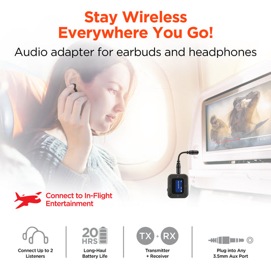 Flight Wireless Audio Adapter | Transmitter + Receiver | Black Bluetooth 5.3 Flight Adapter for Wireless Earbuds & Headphones