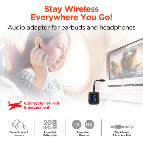 Flight Wireless Audio Adapter | Transmitter + Receiver | Black Bluetooth 5.3 Flight Adapter for Wireless Earbuds & Headphones