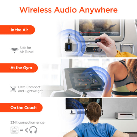 Flight Wireless Audio Adapter | Transmitter + Receiver | Black Bluetooth 5.3 Flight Adapter for Wireless Earbuds & Headphones