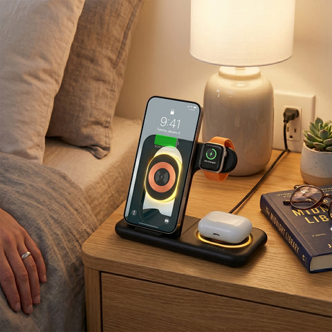 4-in-1 Foldable Wireless Charging Stand – 15W Fast Wireless Charger for Phone, Apple Watch, AirPods & USB Devices | Black