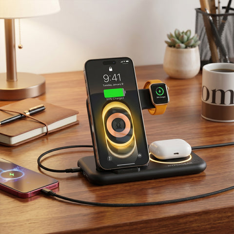 4-in-1 Foldable Wireless Charging Stand – 15W Fast Wireless Charger for Phone, Apple Watch, AirPods & USB Devices | Black