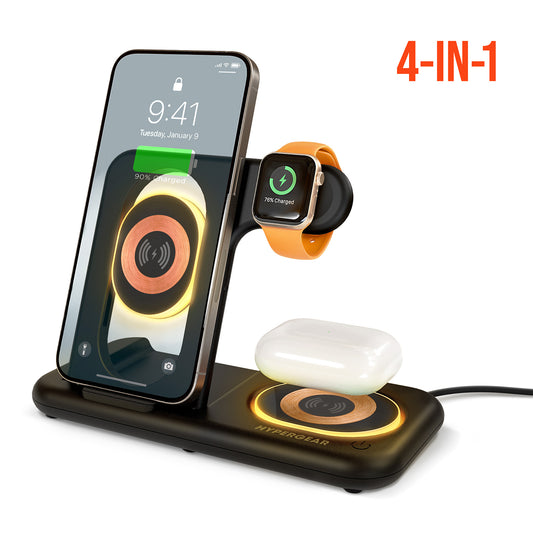 PowerFold X-Ray 4-in-1 Foldable Wireless Charging Stand – 15W Fast Wireless Charger for Phone, Apple Watch, AirPods & USB Devices | Black