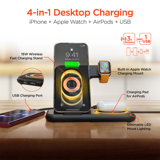 4-in-1 Foldable Wireless Charging Stand – 15W Fast Wireless Charger for Phone, Apple Watch, AirPods & USB Devices | Black
