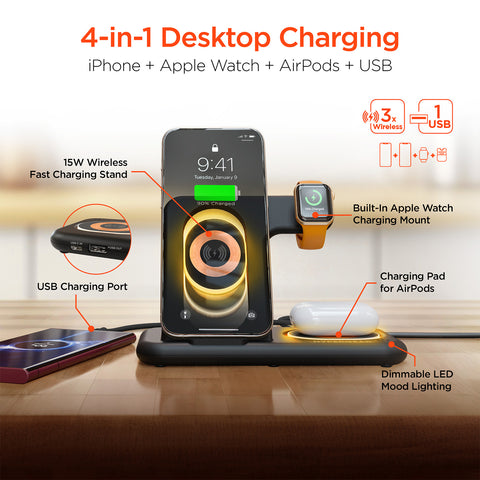4-in-1 Foldable Wireless Charging Stand – 15W Fast Wireless Charger for Phone, Apple Watch, AirPods & USB Devices | Black