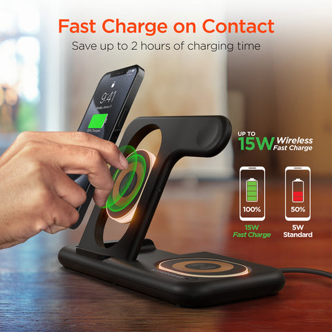 4-in-1 Foldable Wireless Charging Stand – 15W Fast Wireless Charger for Phone, Apple Watch, AirPods & USB Devices | Black