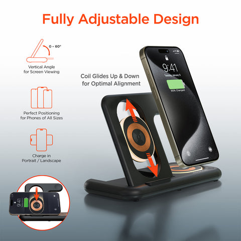 4-in-1 Foldable Wireless Charging Stand – 15W Fast Wireless Charger for Phone, Apple Watch, AirPods & USB Devices | Black