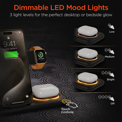4-in-1 Foldable Wireless Charging Stand – 15W Fast Wireless Charger for Phone, Apple Watch, AirPods & USB Devices | Black
