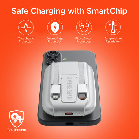 Mag Grip Go 5,000mAh Magnetic Wireless Fast Charge Power Bank | White MagSafe-Compatible Portable Charger with Built-In USB-C & Lightning Cables