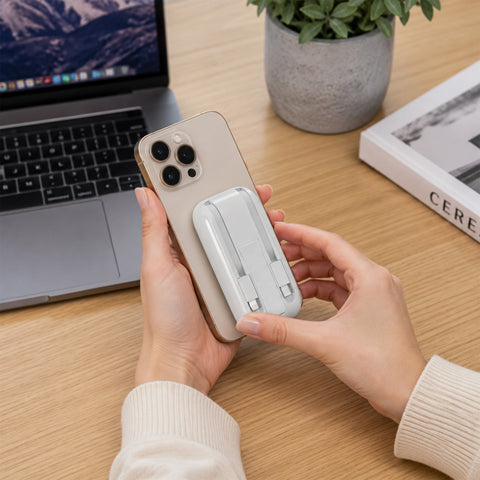 5,000mAh Magnetic Wireless Fast Charge Power Bank | White MagSafe-Compatible Portable Charger with Built-In USB-C & Lightning Cables
