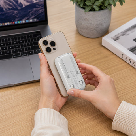 Mag Grip Go 5,000mAh Magnetic Wireless Fast Charge Power Bank | White MagSafe-Compatible Portable Charger with Built-In USB-C & Lightning Cables