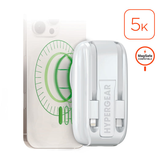 Mag Grip Go 5,000mAh Magnetic Wireless Fast Charge Power Bank | White MagSafe-Compatible Portable Charger with Built-In USB-C & Lightning Cables