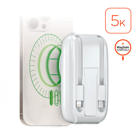 5,000mAh Magnetic Wireless Fast Charge Power Bank | White MagSafe-Compatible Portable Charger with Built-In USB-C & Lightning Cables