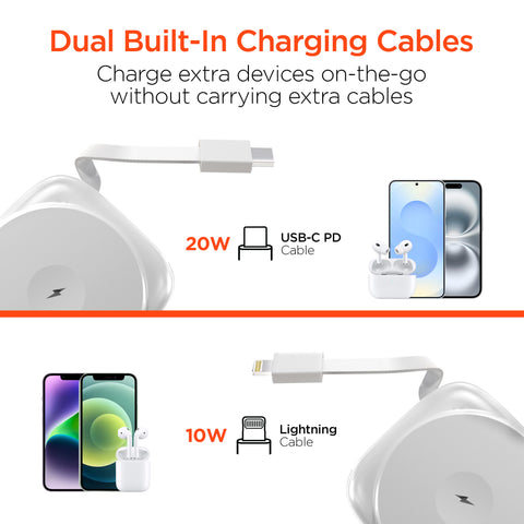 5,000mAh Magnetic Wireless Fast Charge Power Bank | White MagSafe-Compatible Portable Charger with Built-In USB-C & Lightning Cables