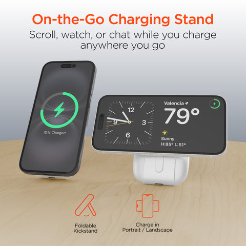 Mag Grip Go 5,000mAh Magnetic Wireless Fast Charge Power Bank | White MagSafe-Compatible Portable Charger with Built-In USB-C & Lightning Cables