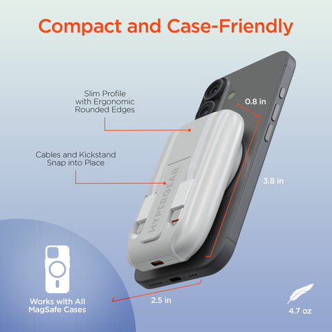 Mag Grip Go 5,000mAh Magnetic Wireless Fast Charge Power Bank | White MagSafe-Compatible Portable Charger with Built-In USB-C & Lightning Cables