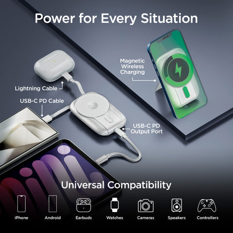 5,000mAh Magnetic Wireless Fast Charge Power Bank | White MagSafe-Compatible Portable Charger with Built-In USB-C & Lightning Cables