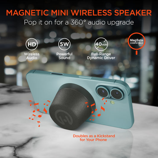 Pocket Popper Magnetic Mini Wireless Speaker | Black MagSafe-Compatible Bluetooth Speaker with 360° HD Sound & IPX6 Waterproof Protection