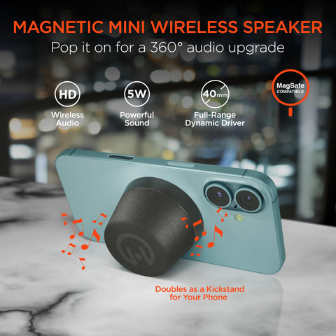 Pocket Popper Magnetic Mini Wireless Speaker | Black MagSafe-Compatible Bluetooth Speaker with 360° HD Sound & IPX6 Waterproof Protection