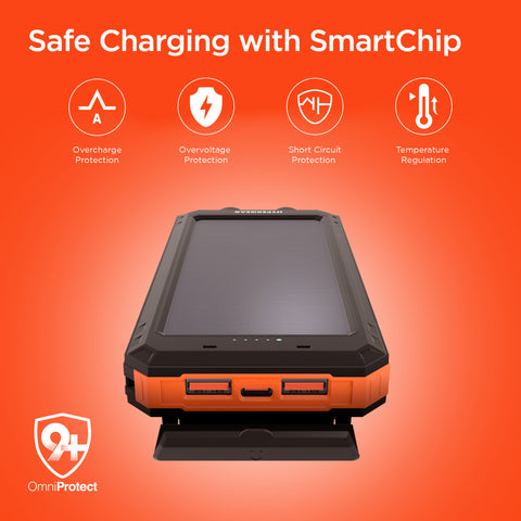 10K Fast Charge Solar Power Bank – 10,000mAh Weatherproof Portable Charger with 20W USB-C PD | Black & Orange